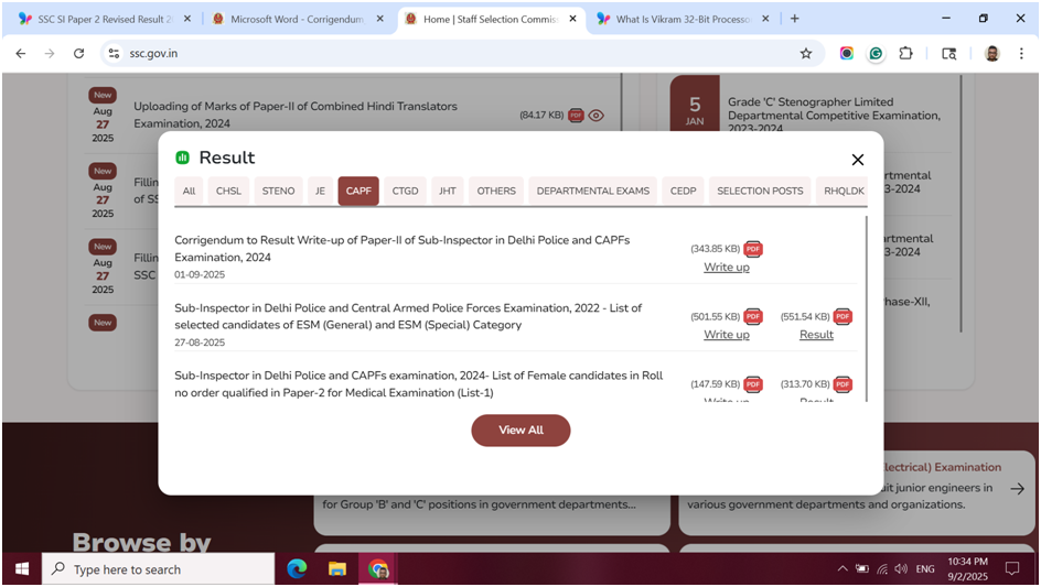 SSC SI Result 2025