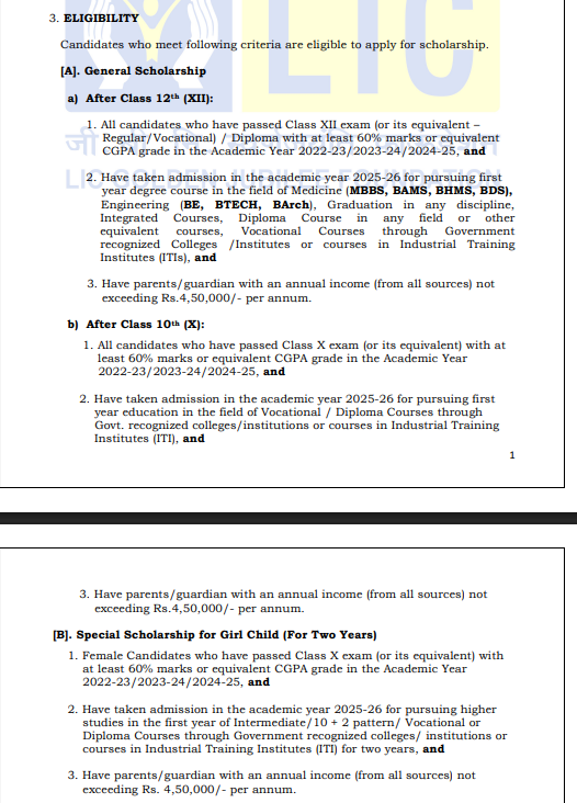 LIC Golden Jubilee Scholarship Eligibility 2025